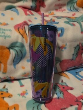 Starbucks Purple Floral Tall Reusable Cup with Pink Straw